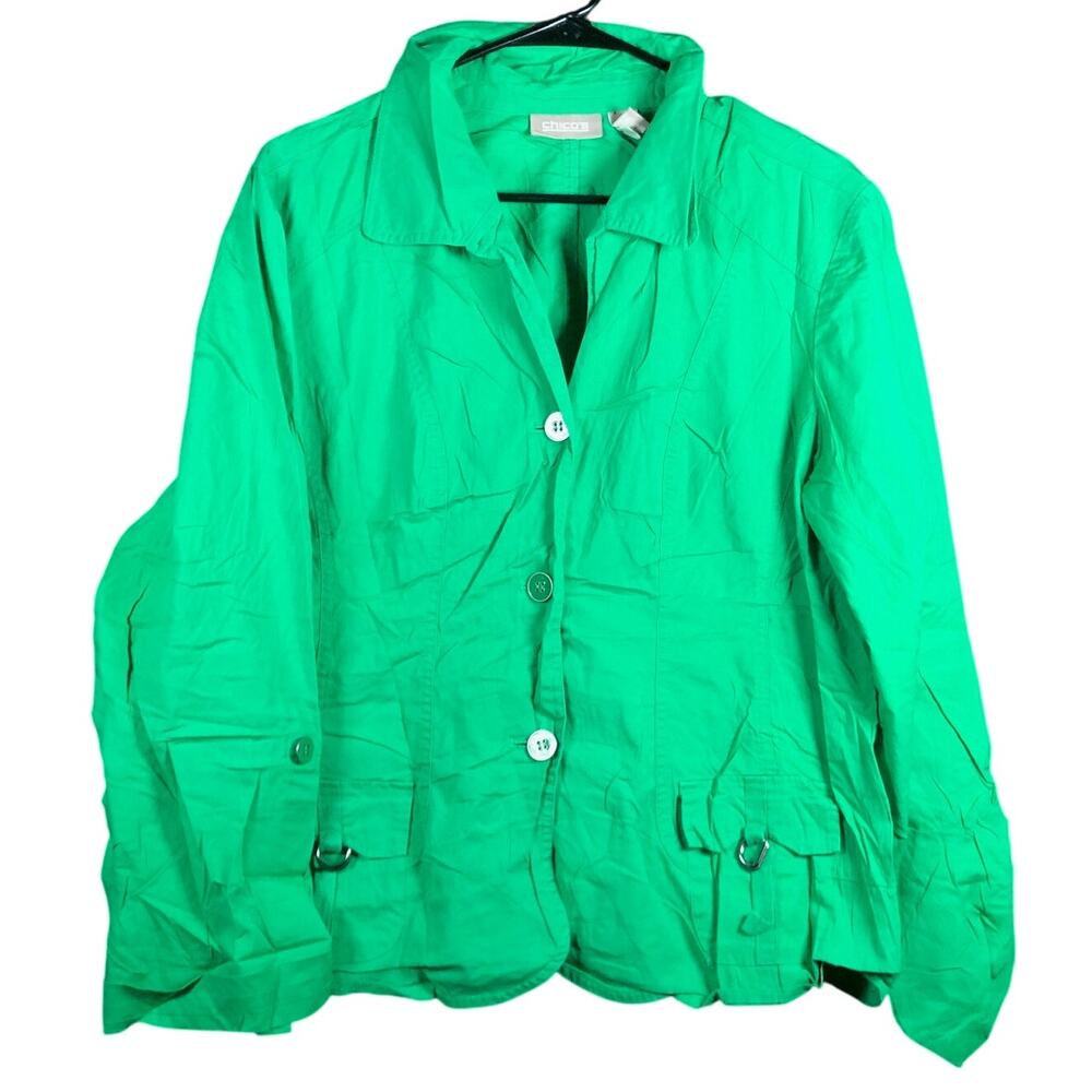 Chicos Womens Jacket Green Collared V Neck Button Front Cotton Blend Stretch 1